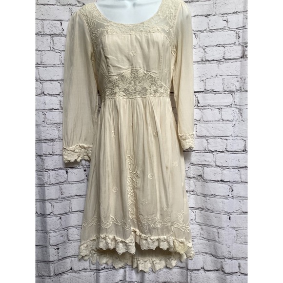 Free People Dresses & Skirts - Free People Cream Lace Embroidered Boho Mini Dress Long Sleeve High Low Ivory